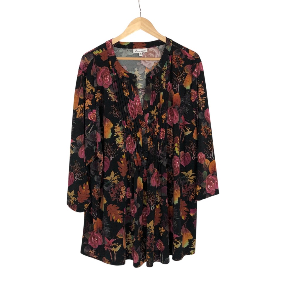 Serengeti Multicolor Floral Print Tunic Top Size 3X Button Front Boho Office - Picture 7 of 14
